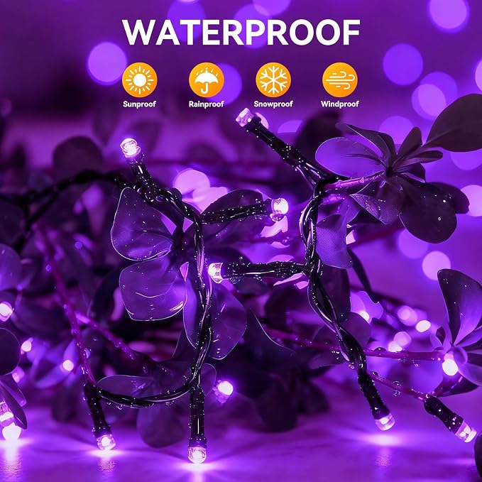Solar String Lights Outdoor Waterproof 2 Pack Total 66ft 200LED Purple | 8 Modes Twinkle Lights Solar Fairy Lights for Patio, Garden Yard Party Wedding Tree Christmas Halloween Decoration