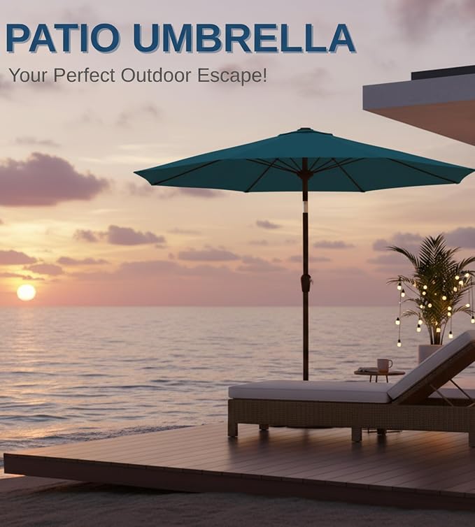 9FT Auto-Tilt Patio Umbrella|Outdoor Market Table Umbrella with 8 Fiberglass Ribs for Pool,Deck&Backyard