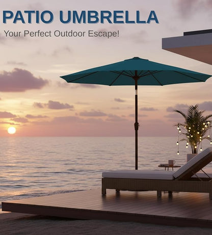 9FT Auto-Tilt Patio Umbrella|Outdoor Market Table Umbrella with 8 Fiberglass Ribs for Pool,Deck&Backyard