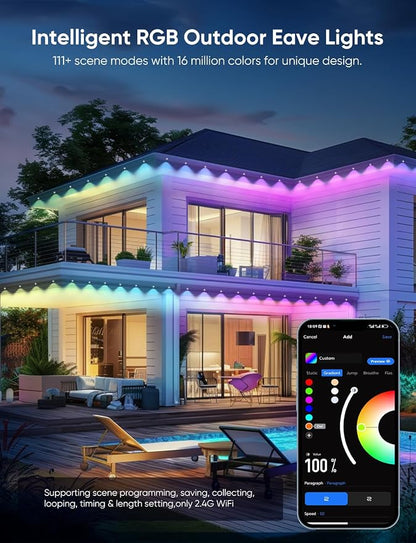 APPECK RGBW Permanent Outdoor Lights 100ft with 72 Lights,White | 111+ Scenes Modes Outdoor Lighting, APP Control Eaves Lights Compatible with Alexa, for Decorations, Daily