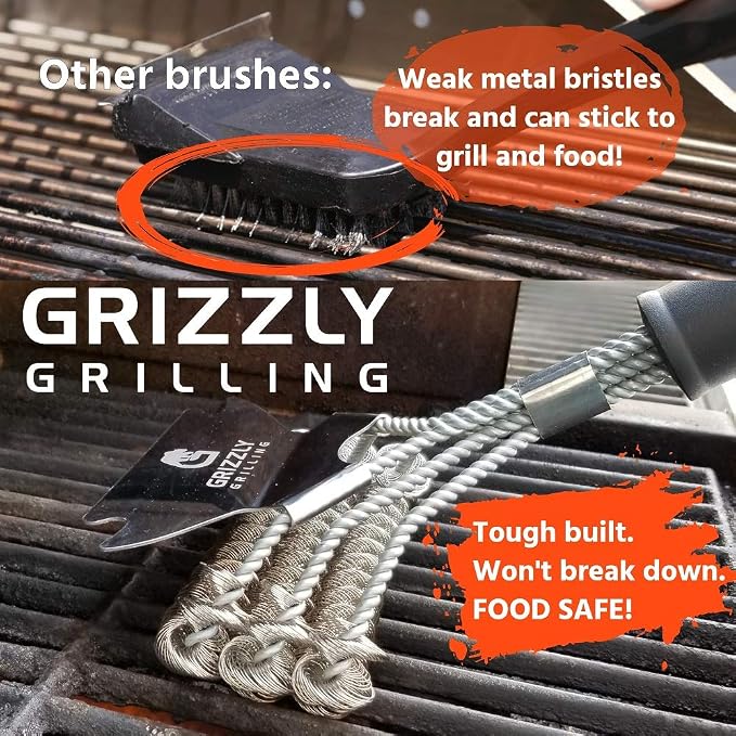 Bristle Free Grill Brush with Scraper, 10-Inch | Coiled Stainless Steel BBQ Grill Cleaner with Built-In Scraper for Gas, Charcoal and Outdoor Grills
