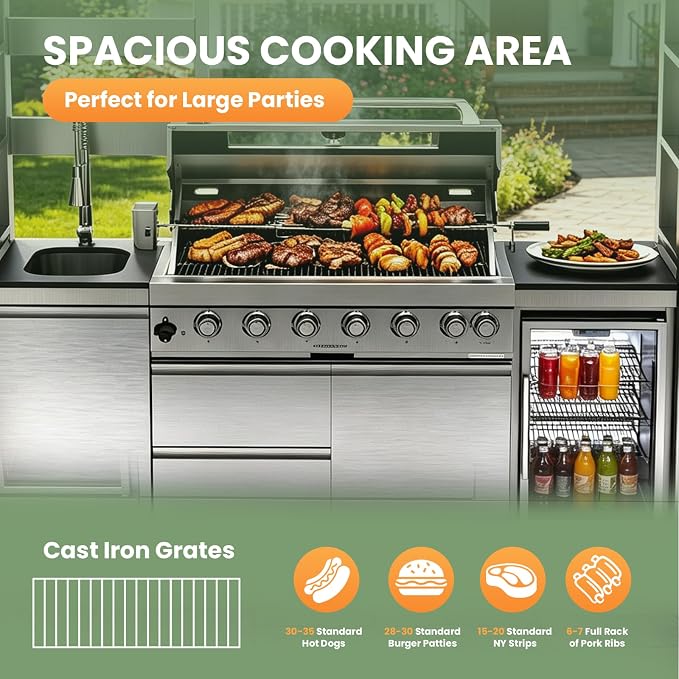 94" Stainless Steel Outdoor Kitchen Island with 6-Burner 85000 BTU,Heavy-Duty Natural Gas Grill with Rotisserie Oven,Galvanized Steel Roof,Granite Countertops,Refrigerator,Sink.(Natural Gas)