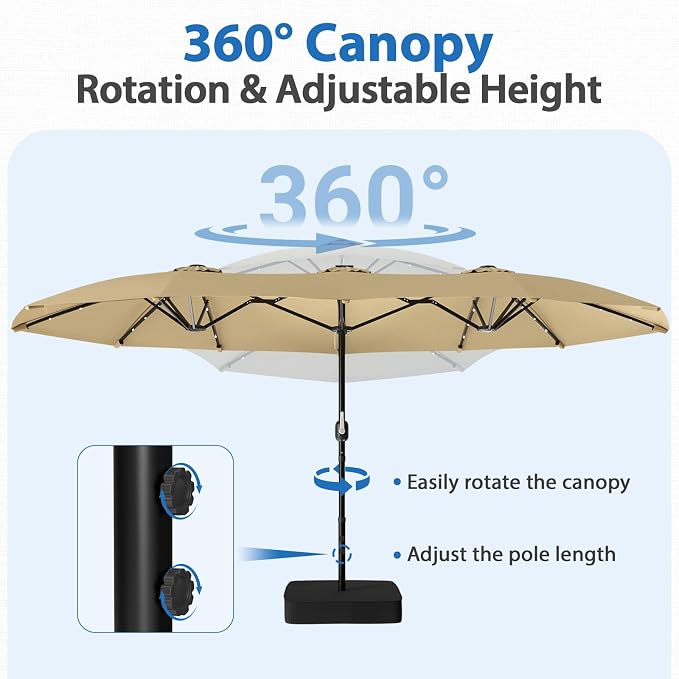 HOPERAN 15FT Patio Umbrella with Base Included, Large Outdoor Double-Sided Rectangle Table Umbrella with Easy Crank Lift, Market Umbrella for Backyard, Pool&Garden