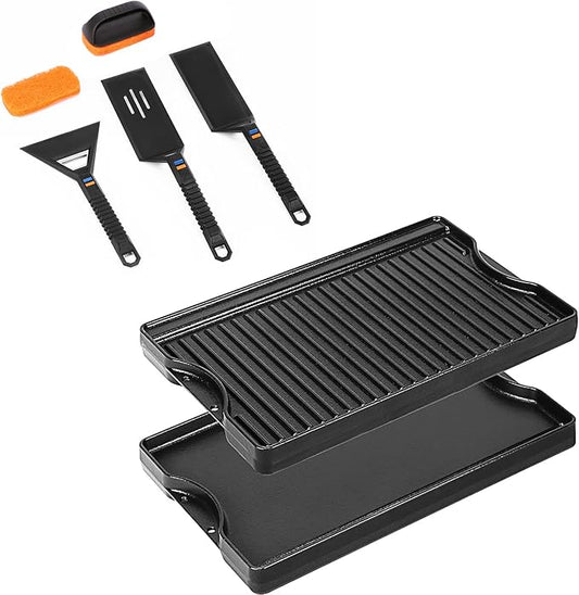 Utheer Griddle Kit, 16.5" x 10.5" Reversible Cast Iron Flat Top Griddle with 5-Piece Scratch-Free Nonstick Safe Nylon Tools, Ceramic Nonstick Grill Griddle for Stove Top, Gas Grill, BBQ and Camping