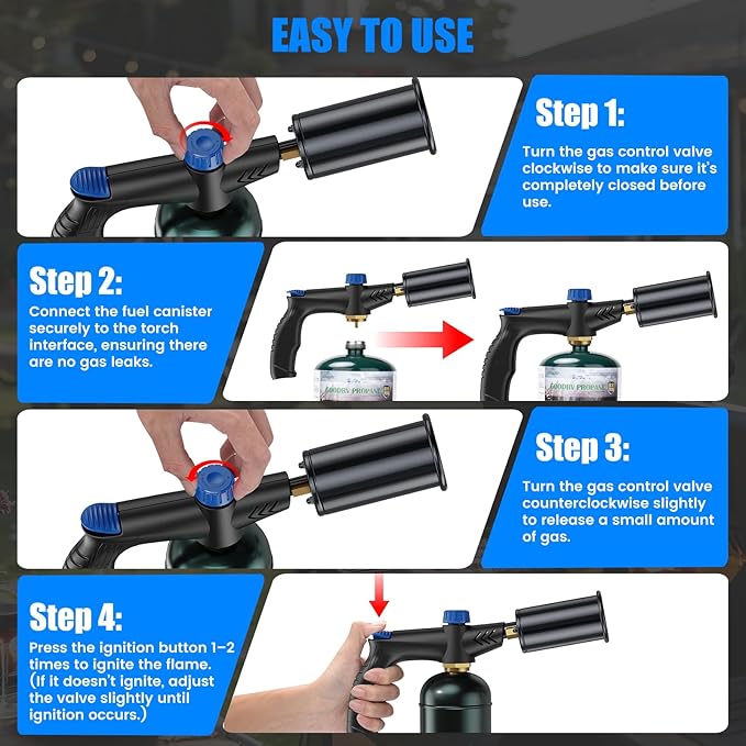 Propane torch with Ergonomic handle, One-Touch Ignition, Adjustable Flame, Propane torch gun with One-Piece Safety Design Ideal for Grill & Cooking, Sous Vide, Searing Steak, BBQ, Campfire Starter