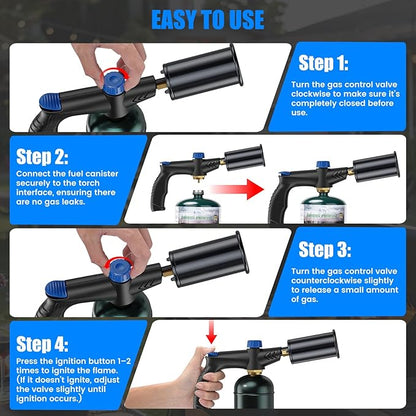 Propane torch with Ergonomic handle, One-Touch Ignition, Adjustable Flame, Propane torch gun with One-Piece Safety Design Ideal for Grill & Cooking, Sous Vide, Searing Steak, BBQ, Campfire Starter
