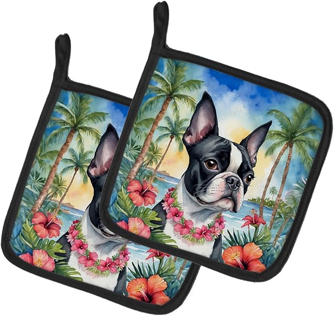 Caroline's Treasures Boston Terrier Luau Pair of Pot Holders Kitchen Heat Resistant Pot Holders Sets Oven Hot Pads for Cooking Baking BBQ, 7 1/2 x 7 1/2