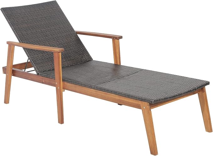COSTWAY Patio Rattan Chaise Lounge Chair Recliner Back Adjustable Acacia Wood Garden