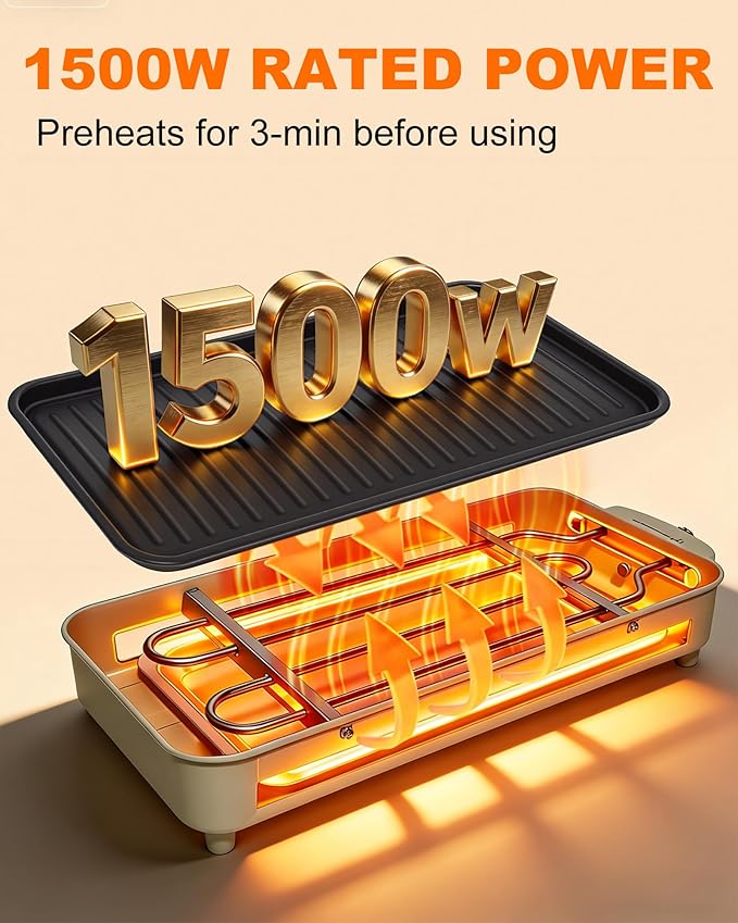1500W Smokeless Electric Indoor Grill, 3 in 1 Korean Barbecue Grill with Net & Non-Stick Removable Plate and Velcro, Temperature Control & Dishwasher Safe, Smokeless Korean BBQ for Kitchen Party