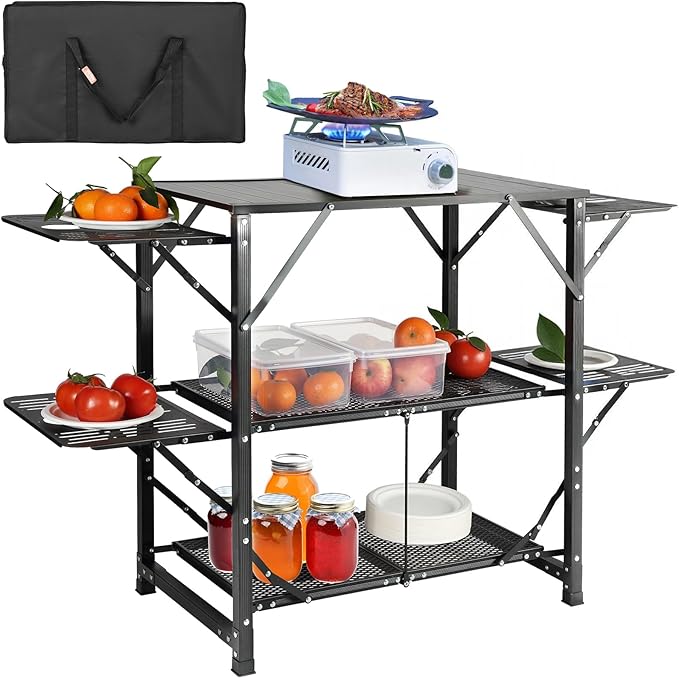 VEVOR Camping Kitchen Table, Aluminum Folding Portable Outdoor Cook Station with 4 Iron Side, 2 Shelves & Carrying Bag, Quick Installation for Picnic BBQ Beach Traveling