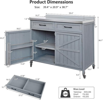 Merax Farmhouse 39.4" Grill Cart with Drawer, Storage Cabinet and Stainless Steel Top, Outdoor Grill Station w/Internal Racks & Lockable Wheels, Modular Kitchen Island for Food Prep & BBQ, Grey Blue