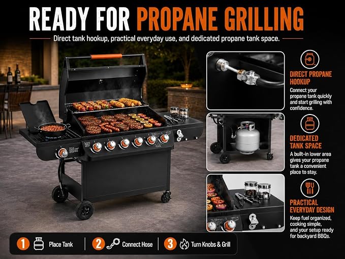6-Burner Propane Gas Grill with Side Burner, 72,000 BTU Outdoor BBQ Grill, 650 Sq. In. Cooking Area, Cast Iron Grates, 4 Wheels, Pull-Out Drip Tray, Black
