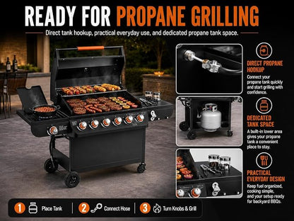 6-Burner Propane Gas Grill with Side Burner, 72,000 BTU Outdoor BBQ Grill, 650 Sq. In. Cooking Area, Cast Iron Grates, 4 Wheels, Pull-Out Drip Tray, Black