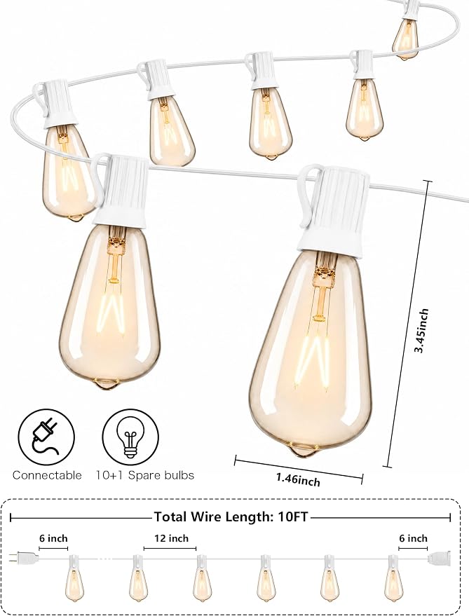 SUNSGNE 10Ft Outdoor Edison String Lights with 11 Edison Bulbs (1 Spare), Vintage Edison Bulb String Lights for Patio Garden Backyard Porch Bistro Umbrella Party, 7 Watt E12 Base, Black Wire