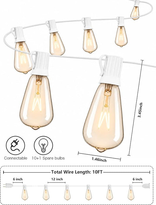 SUNSGNE 10Ft Outdoor Edison String Lights with 11 Edison Bulbs (1 Spare), Vintage Edison Bulb String Lights for Patio Garden Backyard Porch Bistro Umbrella Party, 7 Watt E12 Base, Black Wire