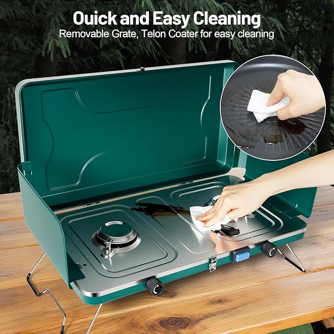 2 Burner Propane Stove, 20000BTU Portable Camping Stove with 2 Adjustable Burner and Wind Guards, Camping Cooktop with Ignition & Griddle for Camping,Tailgating, BBQ, Grilling,Outdoor Gear