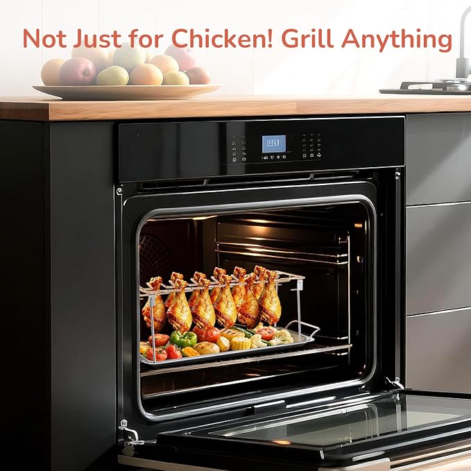 G.a HOMEFAVOR 14-Slot Chicken Leg Rack for Grill & Wings - Premium Stainless Steel Foldable Roasting Rack with Detachable Drip Pan, Dishwasher-Safe BBQ Accessories for Oven, Grill, Camping, Parties