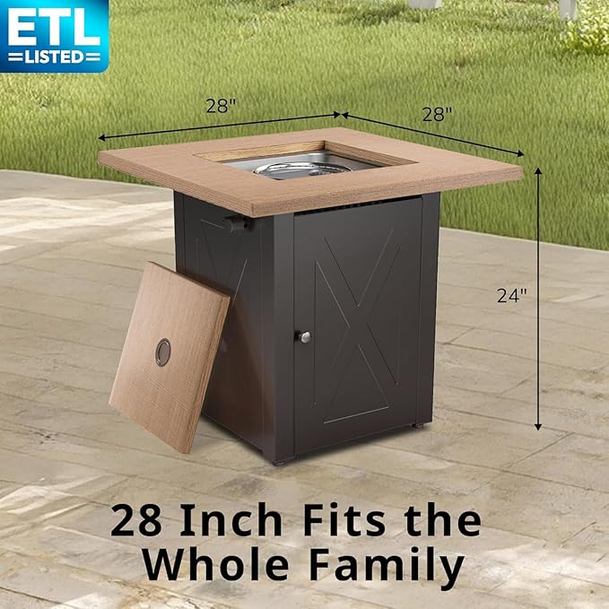 Hexago 28 Inch Propane Fire Pit Table, Gas Square Outdoor Fire Table Dinning with Lid, Lava Stone, 50000BTU, ETL Certification, for Outside Garden Backyard Deck Patio