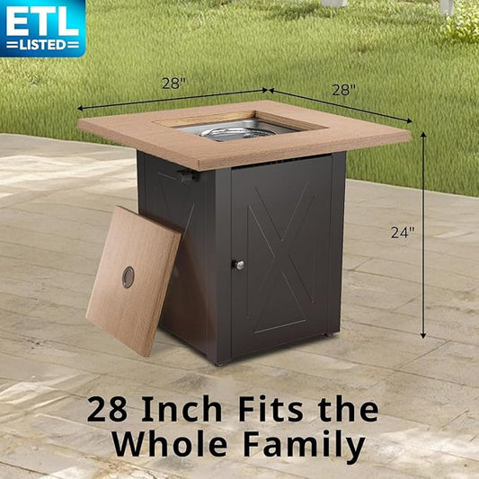 Hexago 28 Inch Propane Fire Pit Table, Gas Square Outdoor Fire Table Dinning with Lid, Lava Stone, 50000BTU, ETL Certification, for Outside Garden Backyard Deck Patio