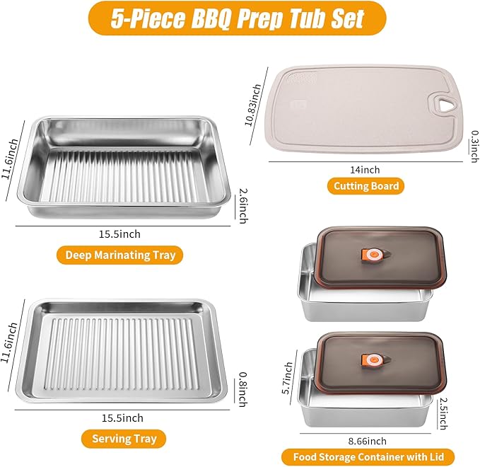 2-Set Drip EZ BBQ and Meal Prep Tub, Grill Carry System, Grill Prep Tray for Serving, Meat Platter with Cutting Board for Outdoor Grill, Marinating Container with Lid, Stainless Steel