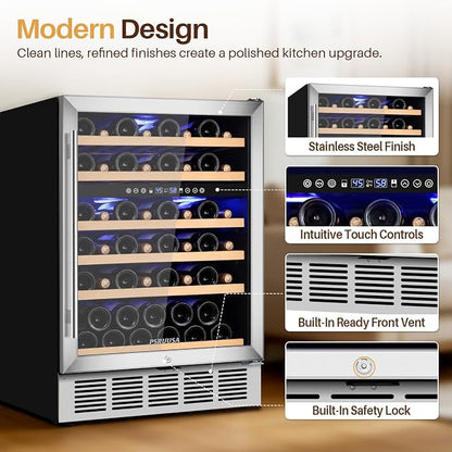 24 Inch Wine Fridge Dual Zone Wine Cooler Holds 46 Bottles, Temperature Control, Built-In or Freestanding Under Counter Wine Refrigerator with Glass Door for Kitchen, Home Bar