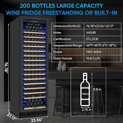 Large Wine Fridge, 200 Bottles Wine Fridge with Fast Cooling and Intelligent Temperature Memory, Wine Cooler Refrigerator Freestanding or Built-in, Tall Wine Refrigerator with Glass Door, Black