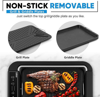 Indoor Grill, CUSIMAX Electric Smokeless Grill & Griddle, Black, 1500W | With REPLACEABLE Smoke Filter Sponge/Smart LED Display/Non Stick 2 in 1 Grill & Griddle Plates/Larger Grilling Area