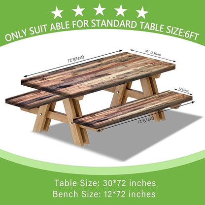 JAWO Brown Rustic Wooden Picnic Table Cover with Bench Covers, Modern Camping RV Essentials Gear Supplies Outdoor Waterproof Windproof Tablecloth with Elastic, 30X96in