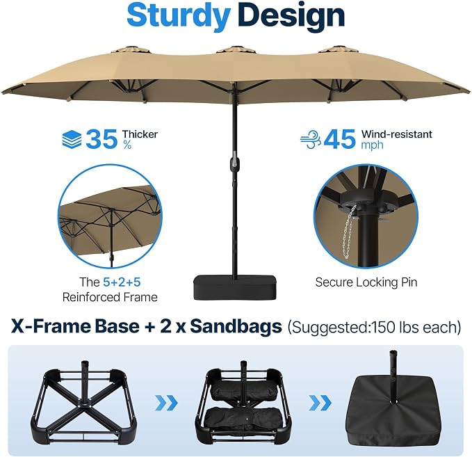Suteck 15x9ft Patio Umbrella with Base Included, Beige | Double-Sided, Crank Handle, UV & Fade Resistant Canopy, Poolside, Backyard, Deck, Market