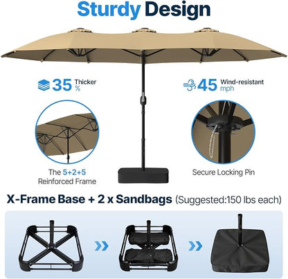 Suteck 15x9ft Patio Umbrella with Base Included, Beige | Double-Sided, Crank Handle, UV & Fade Resistant Canopy, Poolside, Backyard, Deck, Market