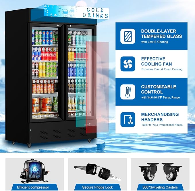 40 Cu.ft. Commercial Beverage Refrigerators, 47.83''Glass Door Refrigerator Upright Display Cooler with Soft LED Light and Adjustable Shelves for Stores