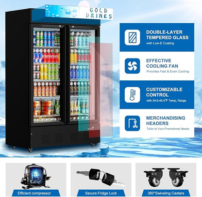 40 Cu.ft. Commercial Beverage Refrigerators, 47.83''Glass Door Refrigerator Upright Display Cooler with Soft LED Light and Adjustable Shelves for Stores