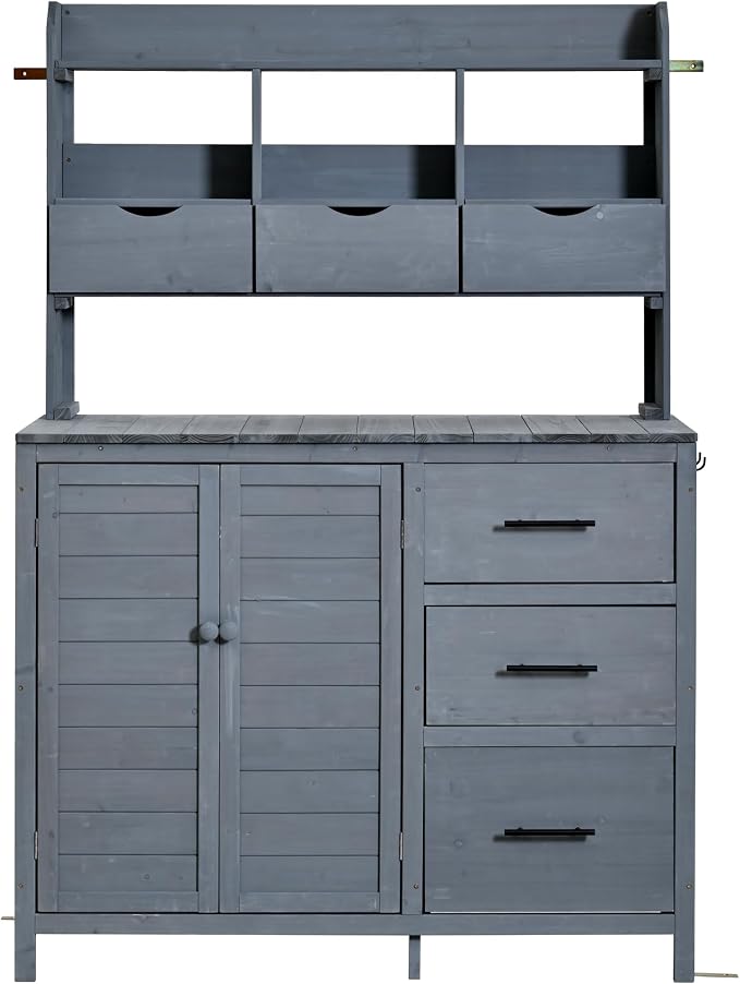 Merax Farmhouse Potting Bench with 6 Drawers, 44.6” Large Garden Workstation, Outdoor Kitchen Island with Bottom Cabinet & Hooks, Freestanding Patio Furniture,Gray