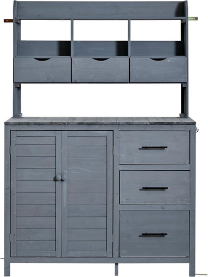 Merax Farmhouse Potting Bench with 6 Drawers, 44.6” Large Garden Workstation, Outdoor Kitchen Island with Bottom Cabinet & Hooks, Freestanding Patio Furniture,Gray