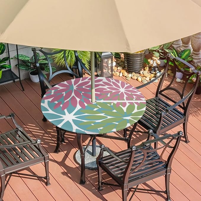 Round Tablecloth with Umbrella Hole and Zipper Elastic Fitted Table Cloth 36"-44" Oil-Proof Waterproof Patio Table Cover for Outdoor Picnic Party, Spring Summer Geometric Elegant Pink Green