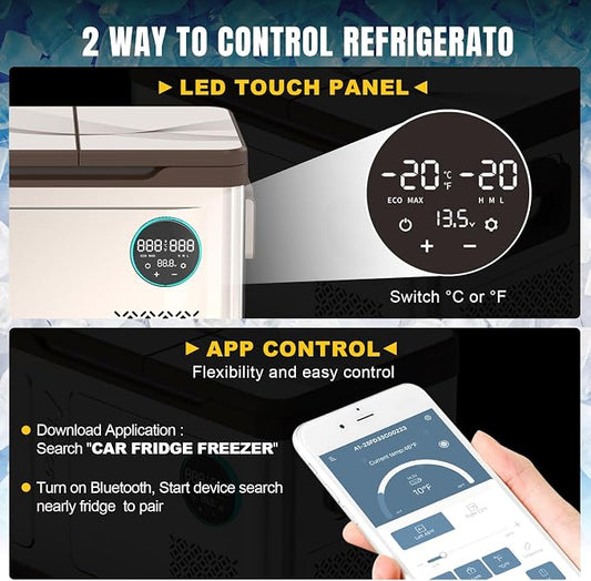 YELLOW JACKET Portable Car Refrigerator 33 Quart, Portable Freezer Dual Zone Electric Cooler for Outdoor Camping Travel,12/24V DC 110~240 Volt AC Refrigerator for Truck RV Home Office,-4℉-68℉