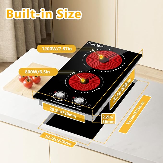 Portable Electric Cooktop 2 Burner 110V Plug in, 12 Inch 2000W Electric Stove Top with Knob Control, Countertop or Built-in Ceramic Hot Plate, for RV Dorm Apartment Kitchen Cooking