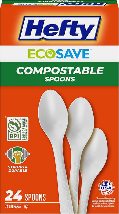 Hefty ECOSAVE Compostable Spoons, 24ct | Compostable Disposable Spoons for BBQs, Tailgates, Camping, and Parties, Strong and Durable Construction, Sustainable Design