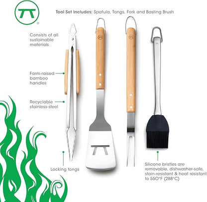 Outset Stainless Steel Grill Tool Set, Verde Collection, Spatula, Tongs, Grill Fork, and Sauce Brush