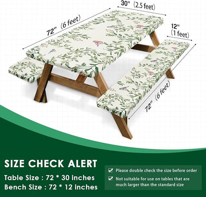 Picnic Table Cover with Bench Covers, Botanical Bird, 3PCS, 72 Inch | Camper Fitted Tablecloth with Bench Elastic Edges Waterproof Essentials with Drawstring Bag