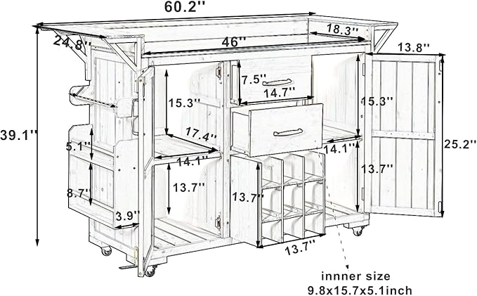 60.2-inch Mobile Outdoor Kitchen Island, Wooden BBQ Table with Stainless Steel countertop, Mobile BBQ Trolley with Storage Cabinet, 2 Storage compartments, Wine Rack and Spice Rack