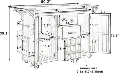 60.2-inch Mobile Outdoor Kitchen Island, Wooden BBQ Table with Stainless Steel countertop, Mobile BBQ Trolley with Storage Cabinet, 2 Storage compartments, Wine Rack and Spice Rack