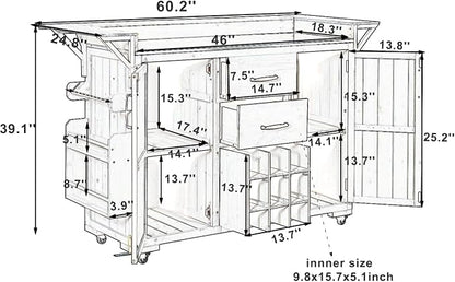 60.2''W Outdoor Kitchen Island with Wheels, Solid Fir Wood Kitchen Cart Grill Cart with Stainless Steel Top, Spice Rack, Wine Rack, 2 Bottom Cabinets with Adjustable Shelves, 2 Drawers (Gray-117)