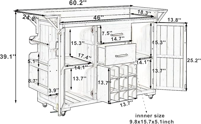 60.2''W Outdoor Kitchen Island with Wheels, Solid Fir Wood Kitchen Cart Grill Cart with Stainless Steel Top, Spice Rack, Wine Rack, 2 Bottom Cabinets with Adjustable Shelves, 2 Drawers (Brown-117)