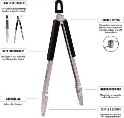 Dropkick Your Old Tongs, GRILLHOGS 9-Inch 2 Pack Barbecue Tongs Are the Only Equipment That Can Handle Your Massive Meat, Stainless Steel + Soft Grip, Dishwasher Safe, Premium Grill Tongs