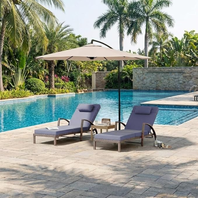 GarveeLife Outdoor Wicker Chaise Lounge Chair with Cushion, Metal Frame Patio Reclining Lounge Bed, All-Weather Rattan Sun Lounger for Poolside, Garden, Backyard & Balcony,Brown Wicker, Blue Cushion