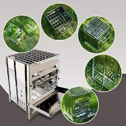 Portable Charcoal Grill for Camping BBQ Grills, Outdoor Barbecue Grill with Ashtray, Heat-Resistant Stainless Steel Stove, Adjustable Height Cuboid Design for Even Heat Distribution, Perfect for 2-3