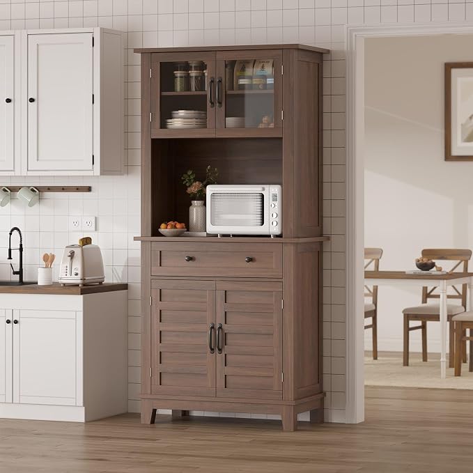 Garvee 72" Tall Kitchen Pantry Cabinet with Hutch and Microwave Stand | Freestanding Food Pantry Hutch with Adjustable Shelves, Glass Doors And Drawers for Dining Room, Living Room, Brown