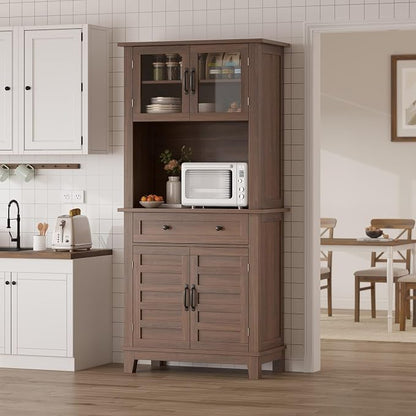 Garvee 72" Tall Kitchen Pantry Cabinet with Hutch and Microwave Stand | Freestanding Food Pantry Hutch with Adjustable Shelves, Glass Doors And Drawers for Dining Room, Living Room, Brown