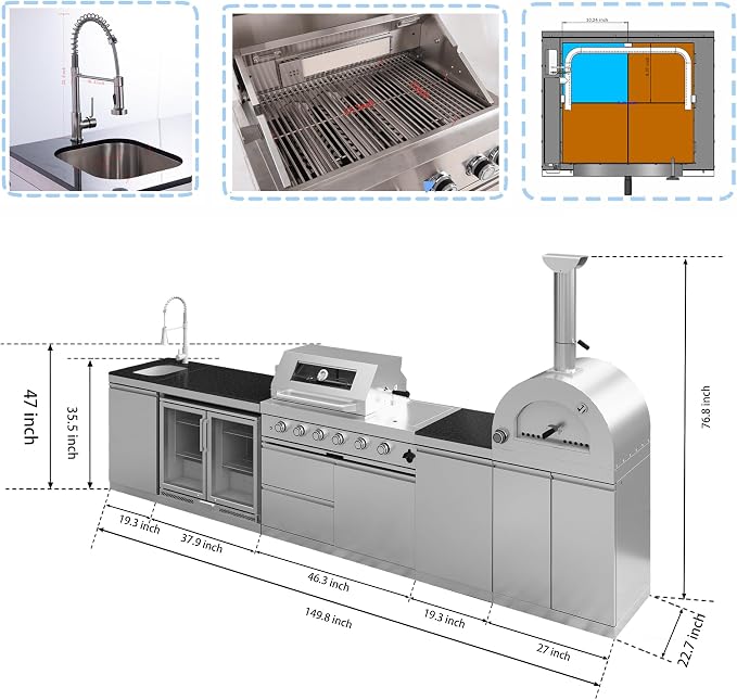 150-inch Stainless Steel Outdoor Kitchen Island,Propane BBQ Grill with Pizza Oven,Rotisserie,Double Door Refrigerator,Granite Countertop,Storage Cabinets & Drawers 108,000 BTU.